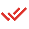 Red geometric logo on black background.