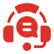 Red headset icon with speech bubble design.