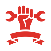 Red fist with wrench on black background.