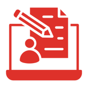 Red laptop icon with document and pencil.