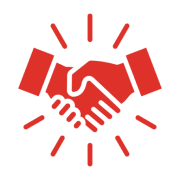 Red handshake icon on black background.
