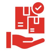 Red hand holding packages with checkmark.