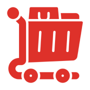 Red shopping cart icon on black background.