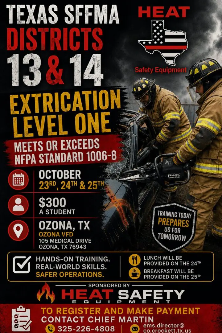 Firefighter training event poster with details.