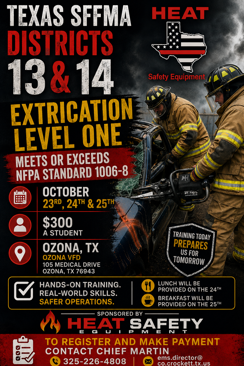 Firefighter training event poster with details.