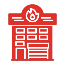 Red fire station icon on black background.