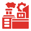 Red factory icon with gear and smoke.