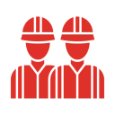 Two red construction workers icon on black.