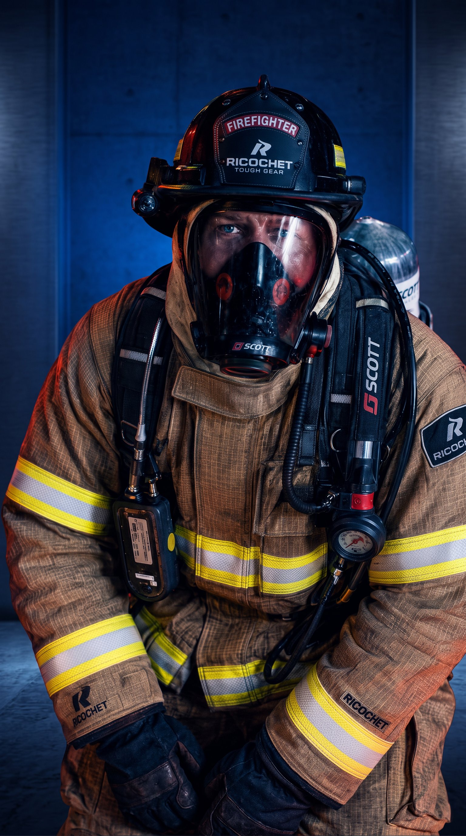 A firefighter wearing a protective suit and helmet, ready for action in a firefighting scenario.